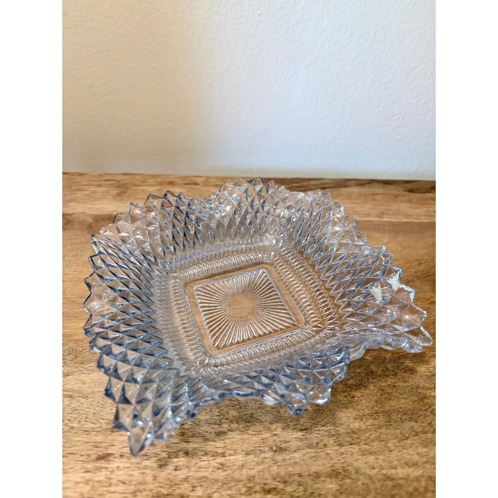 Vintage Indiana Glass Ruffled Diamond Point Trinket Dish Clear Light Blue